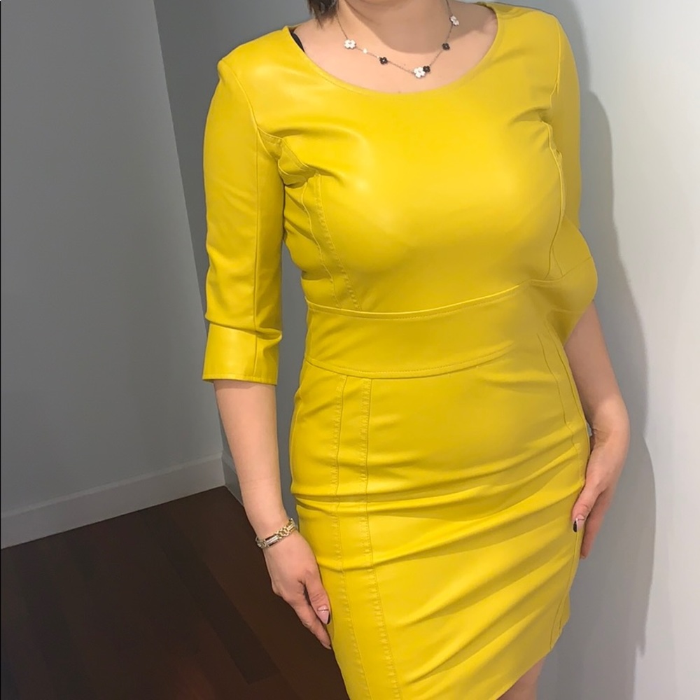 Faux Leather yellow evening dress